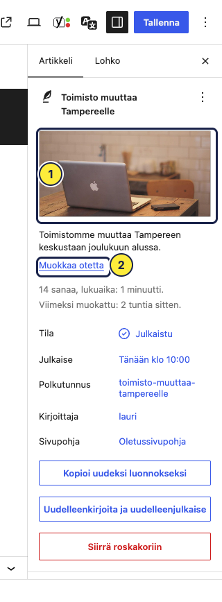 Artikkeli-välilehti: (1) artikkelikuva ja (2) ote.