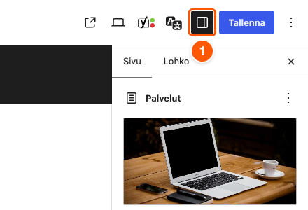 Asetukset-painike (1) muokkausnäkymän oikeassa yläkulmassa.