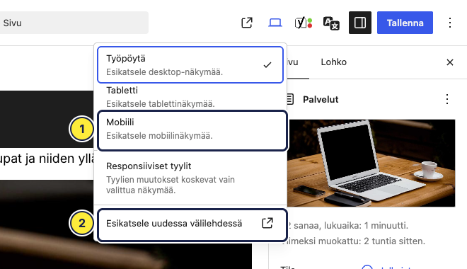 Näytä-valikko: (1) Mobiili näyttää sivun puhelimen kokoisena ja (2) Esikatsele uudessa välilehdessä avaa sivun selaimeen.